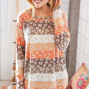 PEACH MULTICOLOR LEOPARD STRIPE FRENCH TERRY PULLOVER